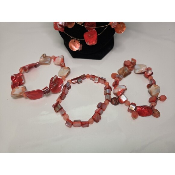 Necklace Coral Gold & Salmon Color 20" 3 Tier Including Earrings & 3 Braceletsj - Picture 6 of 7